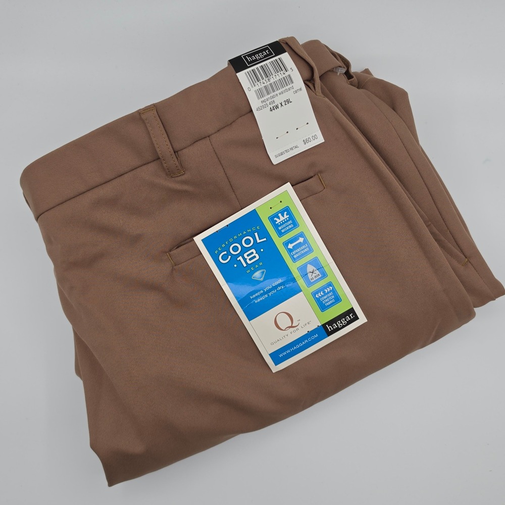 Haggar Dress Pants Mens Fits 44x27 Cool Camel NEW Performance Office Waistband